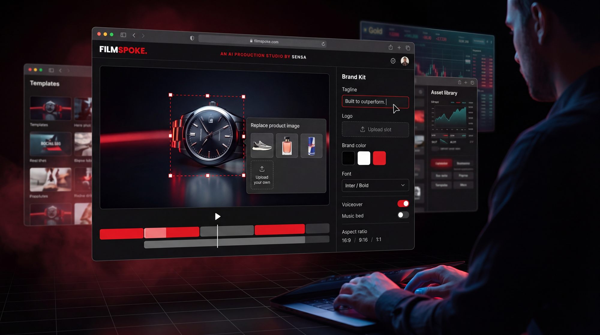 The FilmSpoke creative editor: replace product image, brand kit, voiceover and aspect-ratio controls